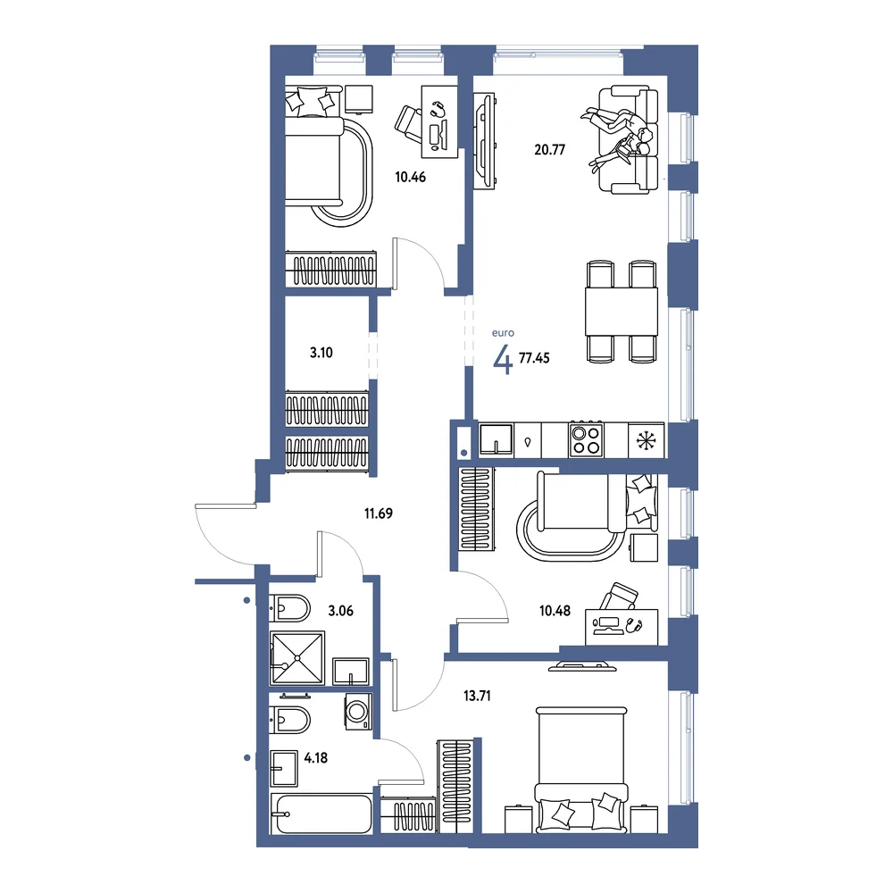 Планировка: Домашний 4-комнатная 77,45м²