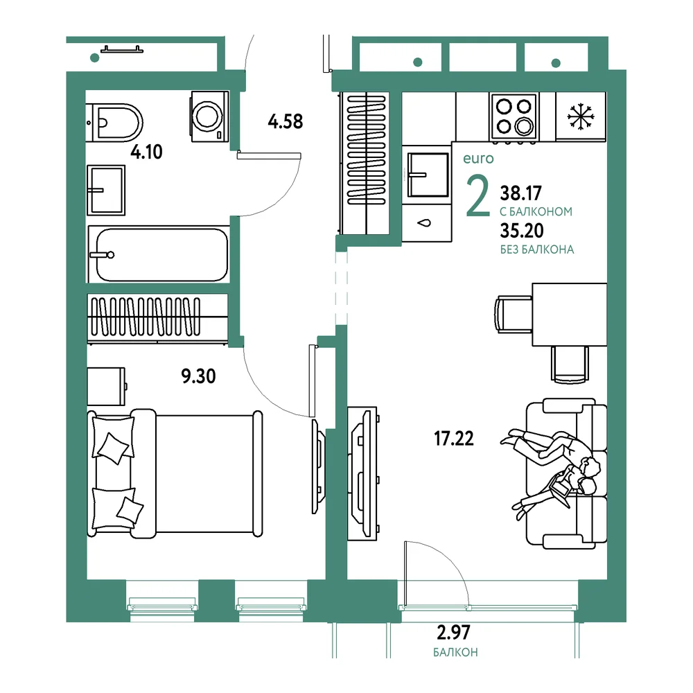 Планировка: Домашний 2-комнатная 38,17м²