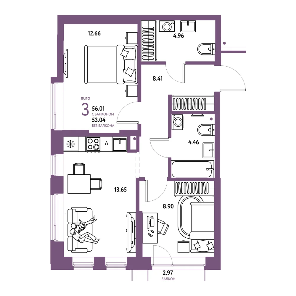 Планировка: Домашний 3-комнатная 56,01м²