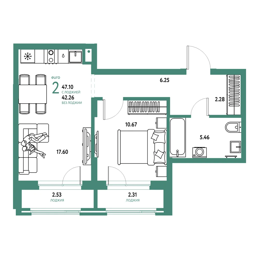 Планировка: Домашний 2-комнатная 47,10м²