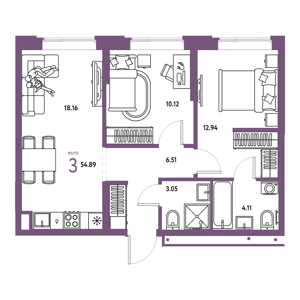 Планировка: Домашний 3-комнатная 54,89м²
