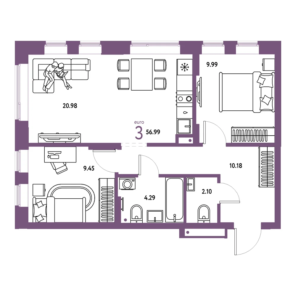 Планировка: Домашний 3-комнатная 56,99м²