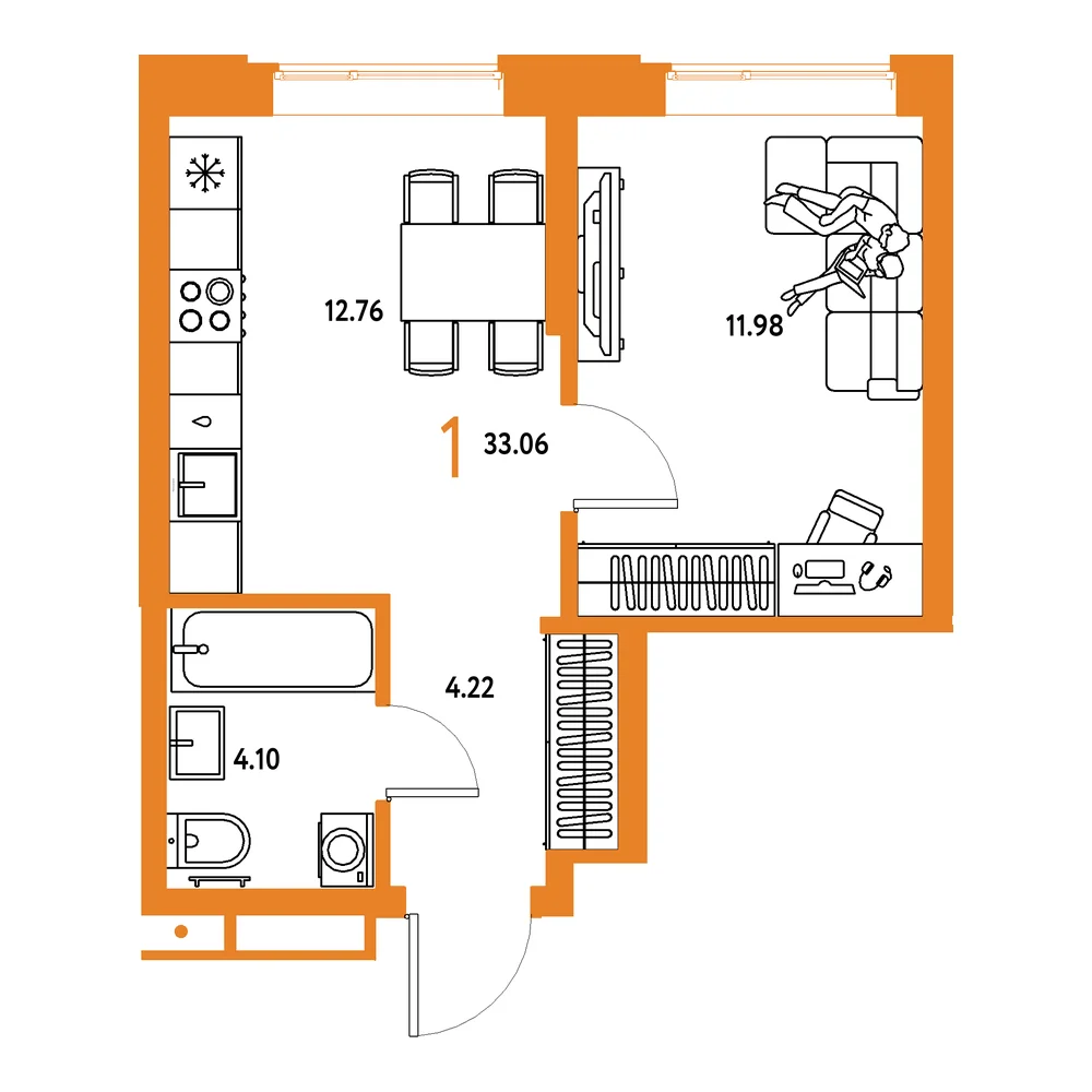 Планировка: Домашний 1-комнатная 33,06м²