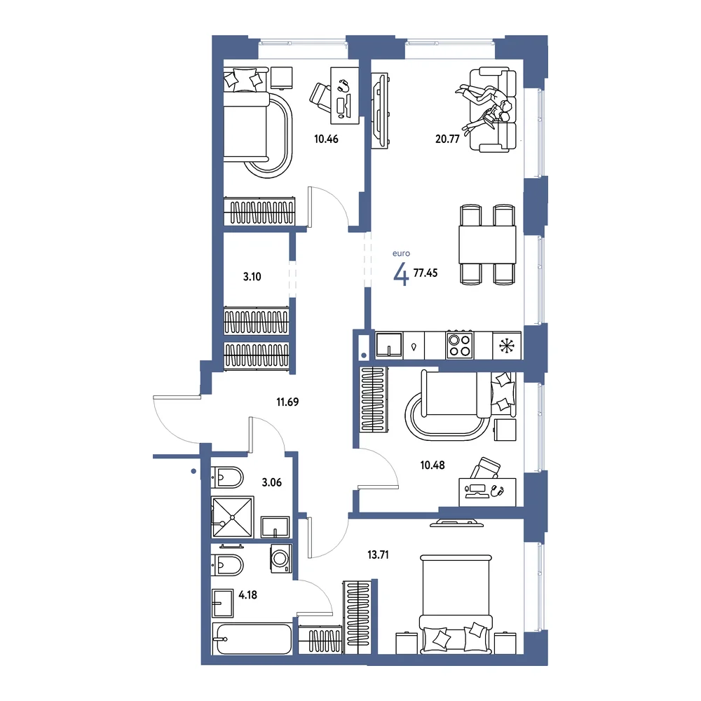 Планировка: Домашний 4-комнатная 77,45м²