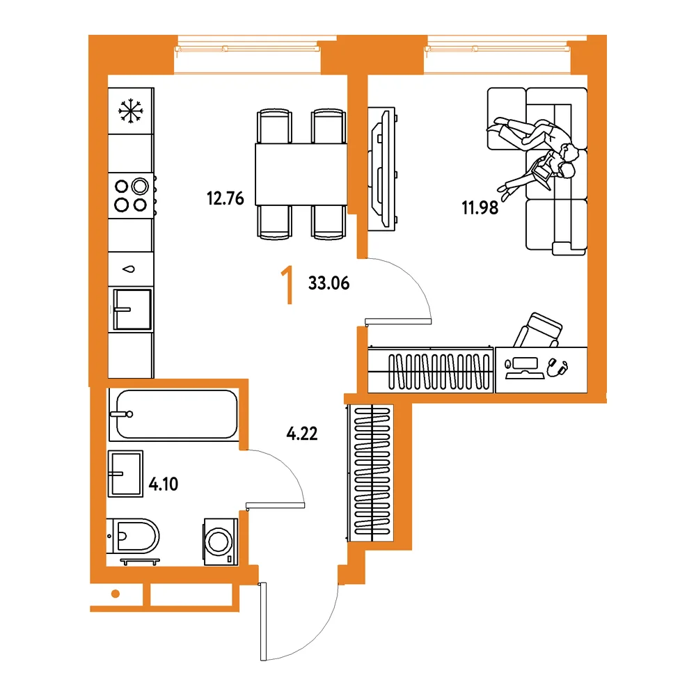 Планировка: Домашний 1-комнатная 33,06м²