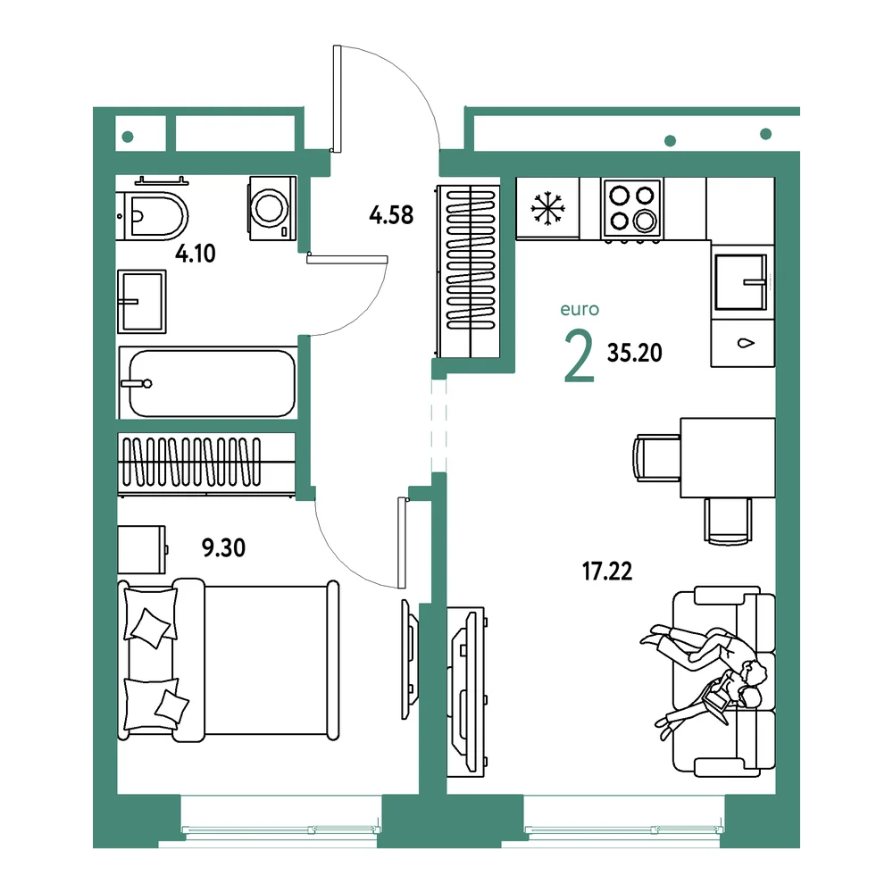 Планировка: Домашний 2-комнатная 35,20м²