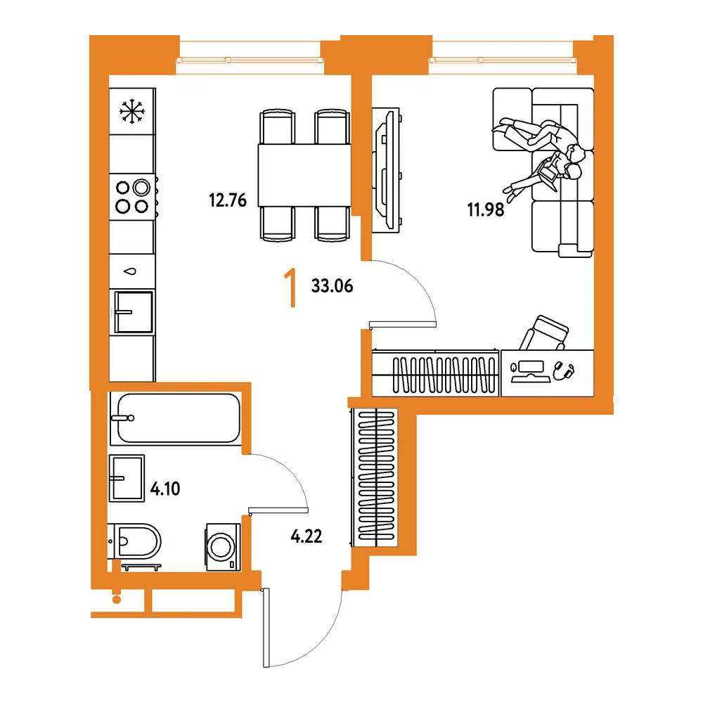 Планировка: Домашний 1-комнатная 33,06м²