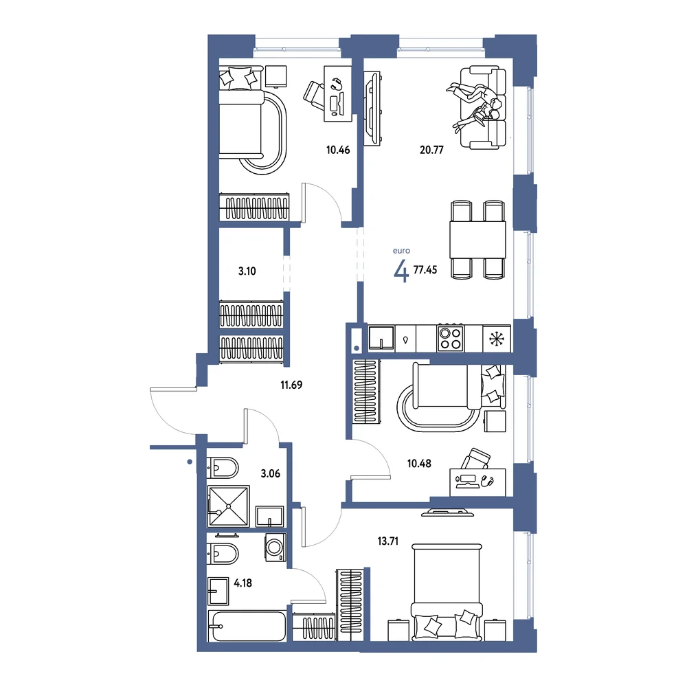 Планировка: Домашний 4-комнатная 77,45м²