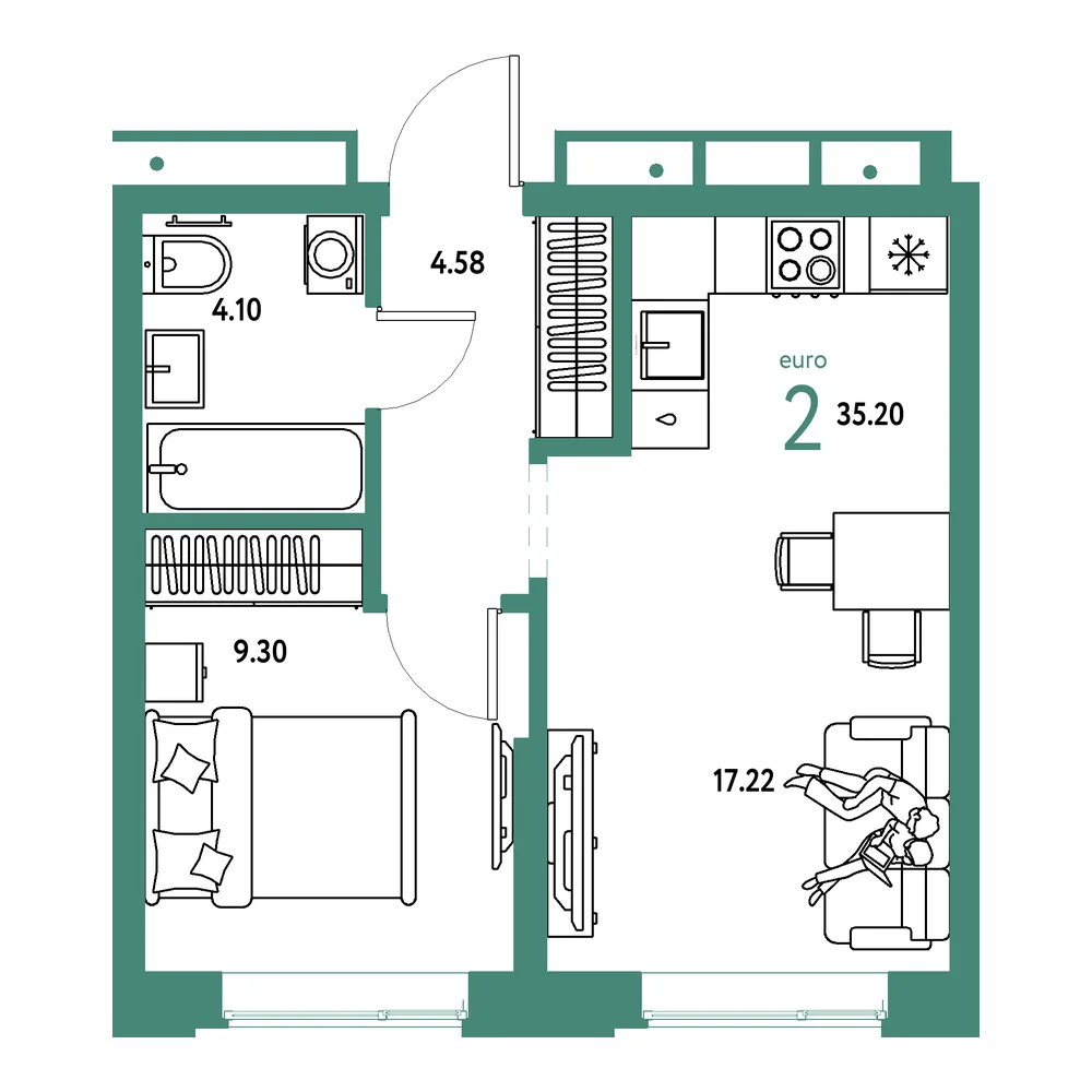 Планировка: Домашний 2-комнатная 35,20м²