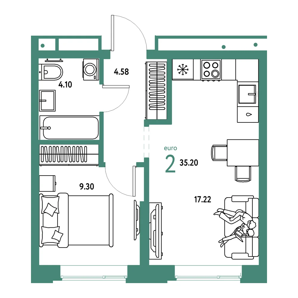 Планировка: Домашний 2-комнатная 35,20м²