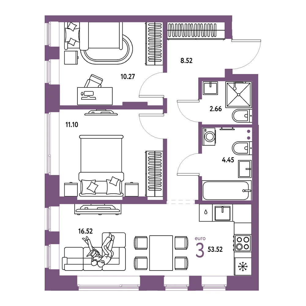 Планировка: Домашний 3-комнатная 53,52м²