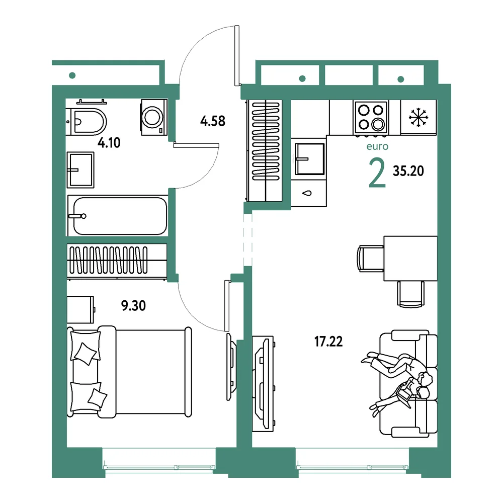 Планировка: Домашний 2-комнатная 35,20м²