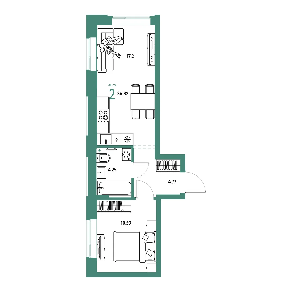 Планировка: Домашний 2-комнатная 36,82м²