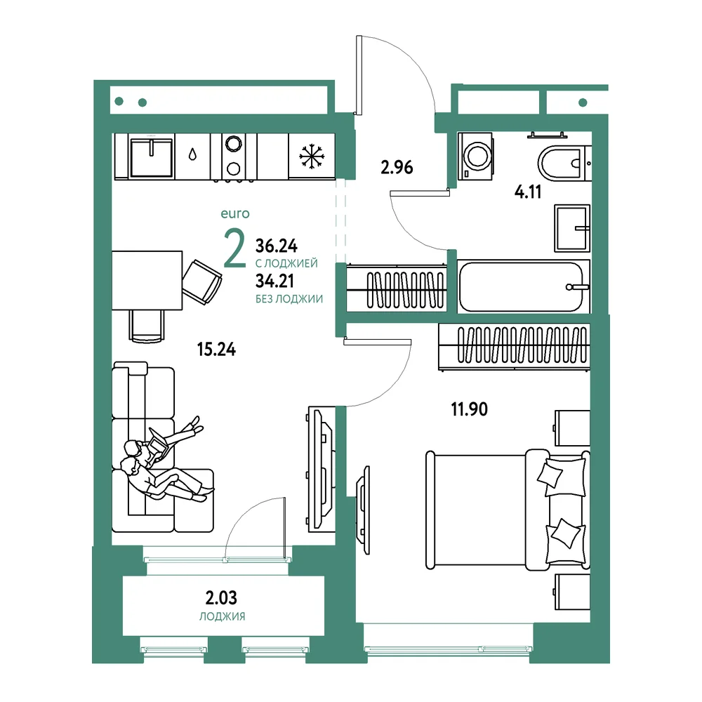 Планировка: Домашний 2-комнатная 36,24м²