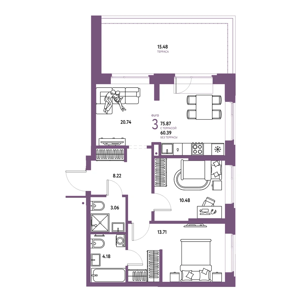 Планировка: Домашний 3-комнатная 75,87м²