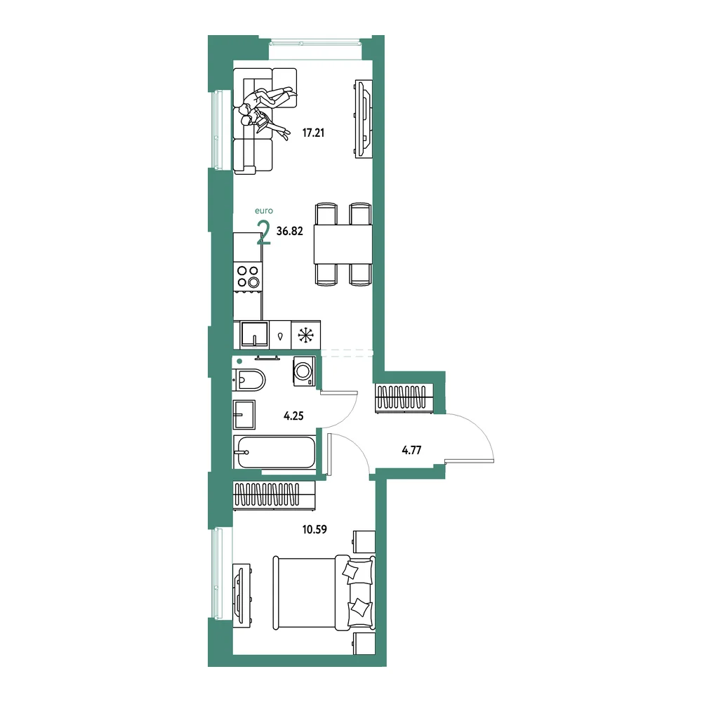 Планировка: Домашний 2-комнатная 36,82м²
