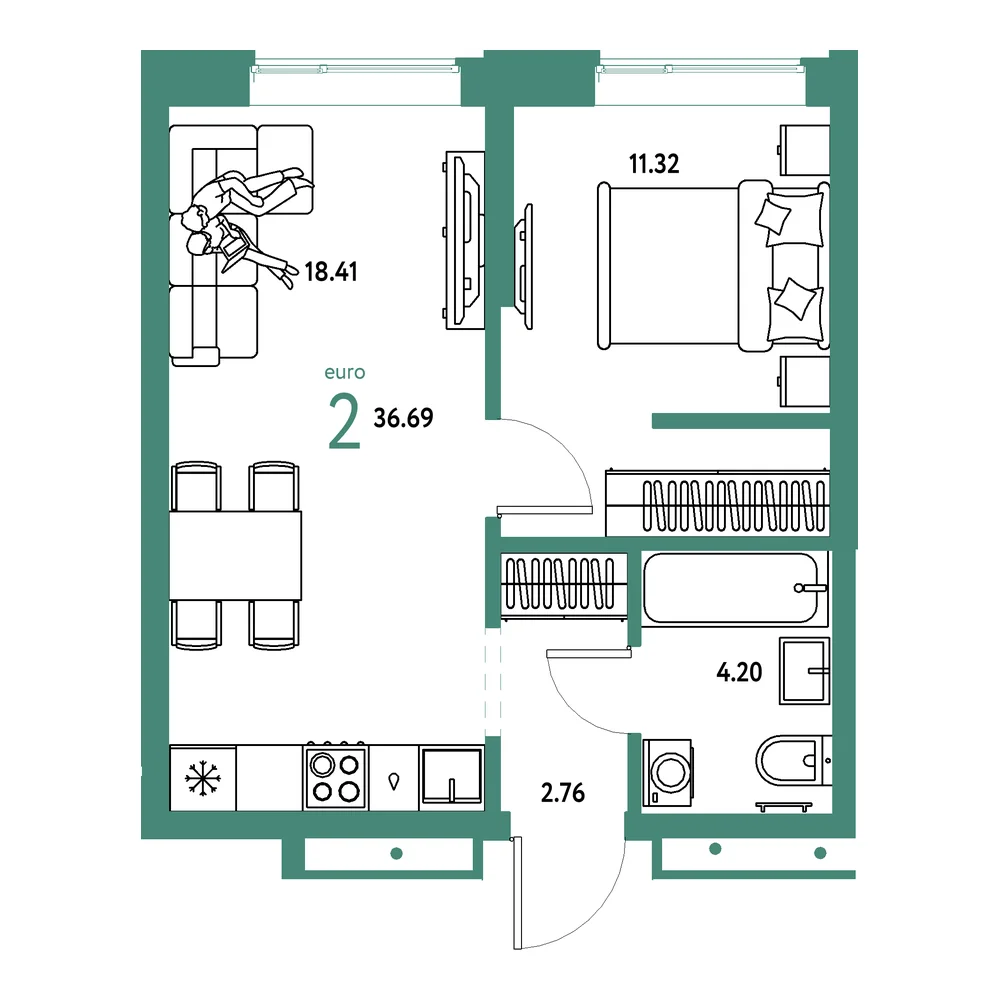 Планировка: Домашний 2-комнатная 36,69м²