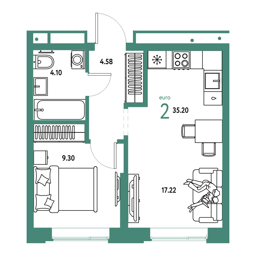 Планировка: Домашний 2-комнатная 35,20м²