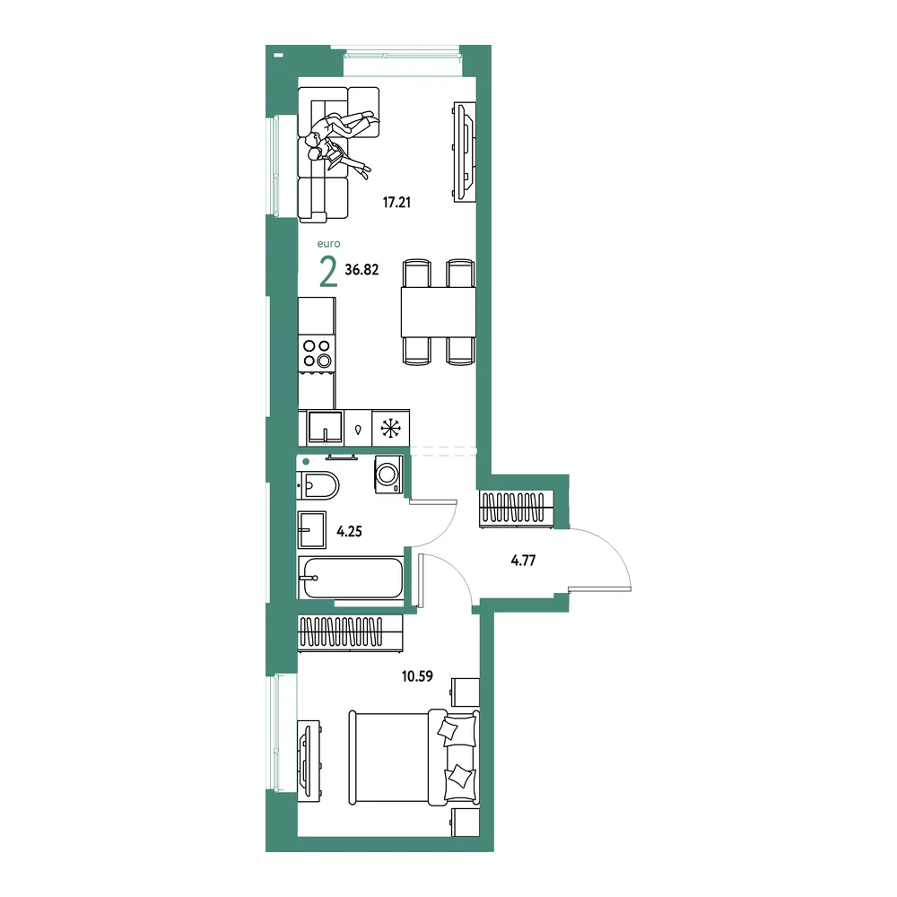 Планировка: Домашний 2-комнатная 36,82м²