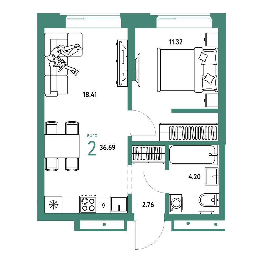 Планировка: Домашний 2-комнатная 36,69м²