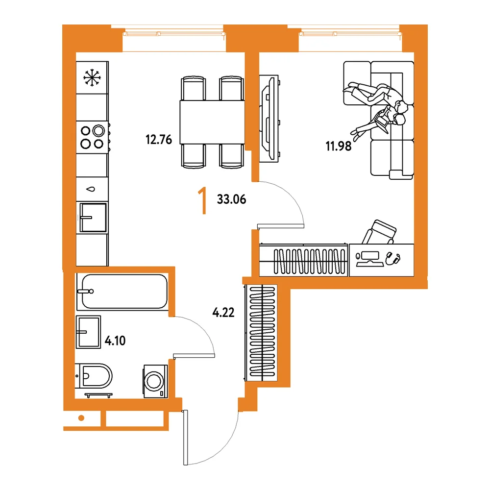 Планировка: Домашний 1-комнатная 33,06м²