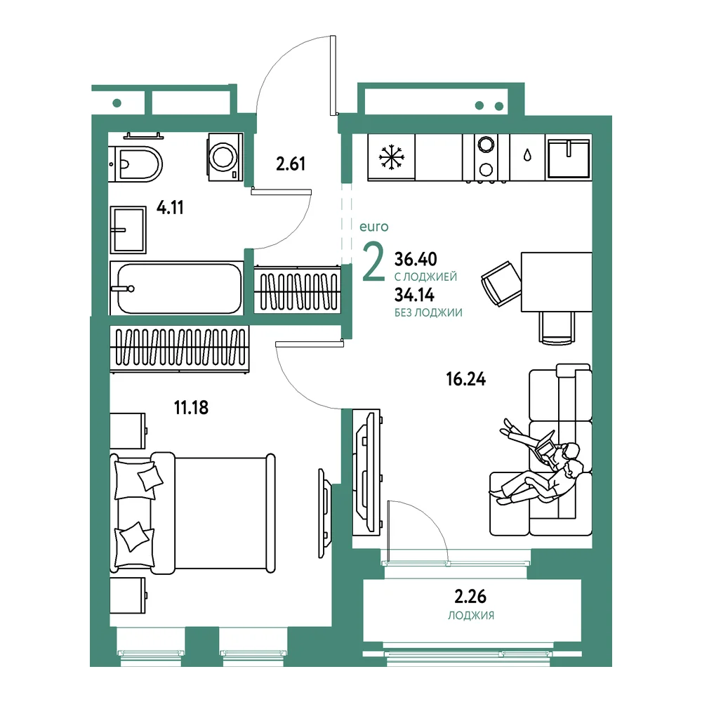Планировка: Домашний 2-комнатная 36,40м²