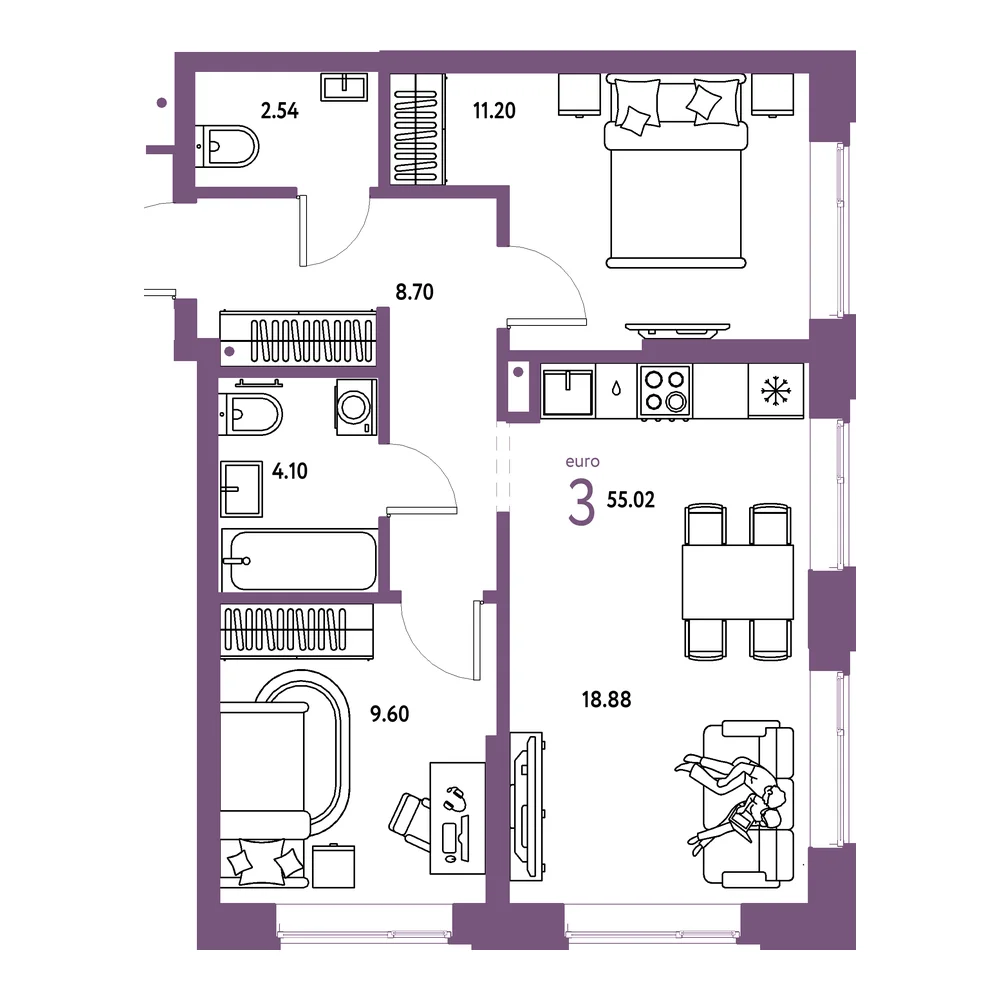 Планировка: Домашний 3-комнатная 55,02м²