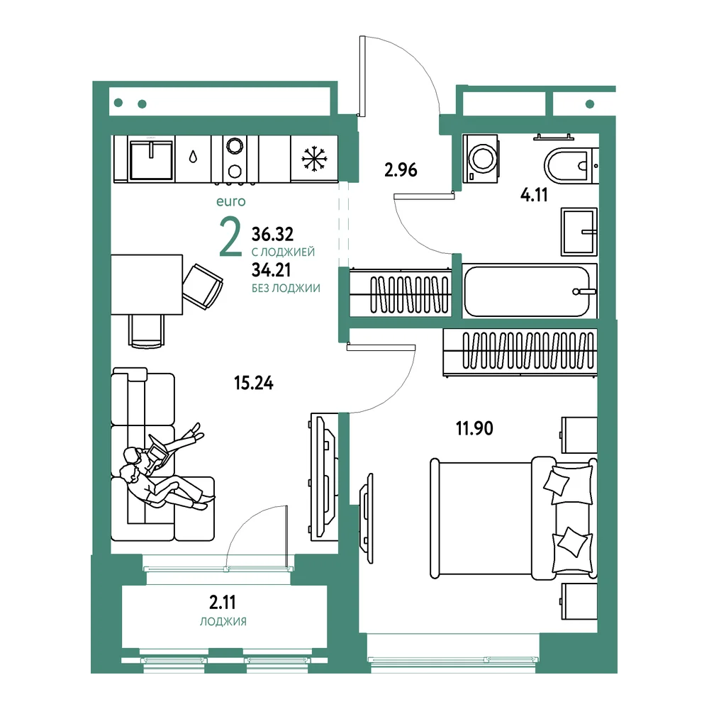 Планировка: Домашний 2-комнатная 36,32м²