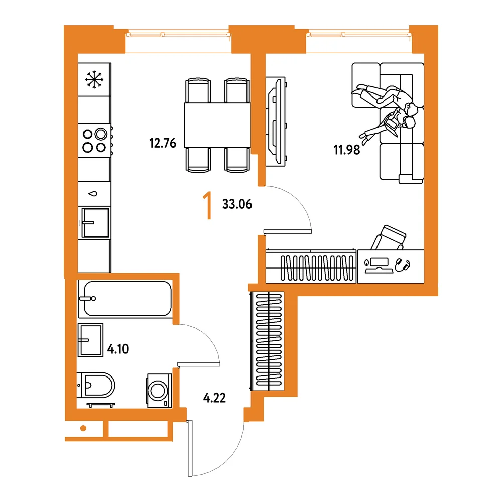 Планировка: Домашний 1-комнатная 33,06м²