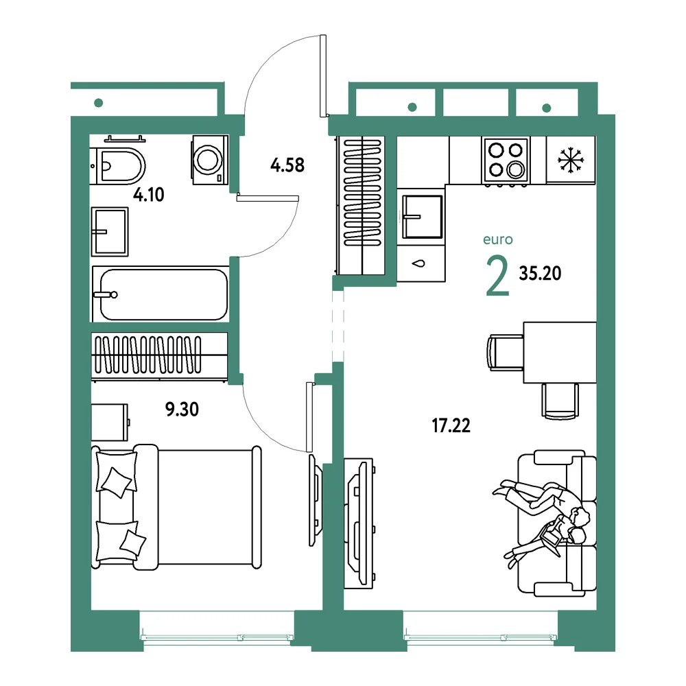 Планировка: Домашний 2-комнатная 35,20м²