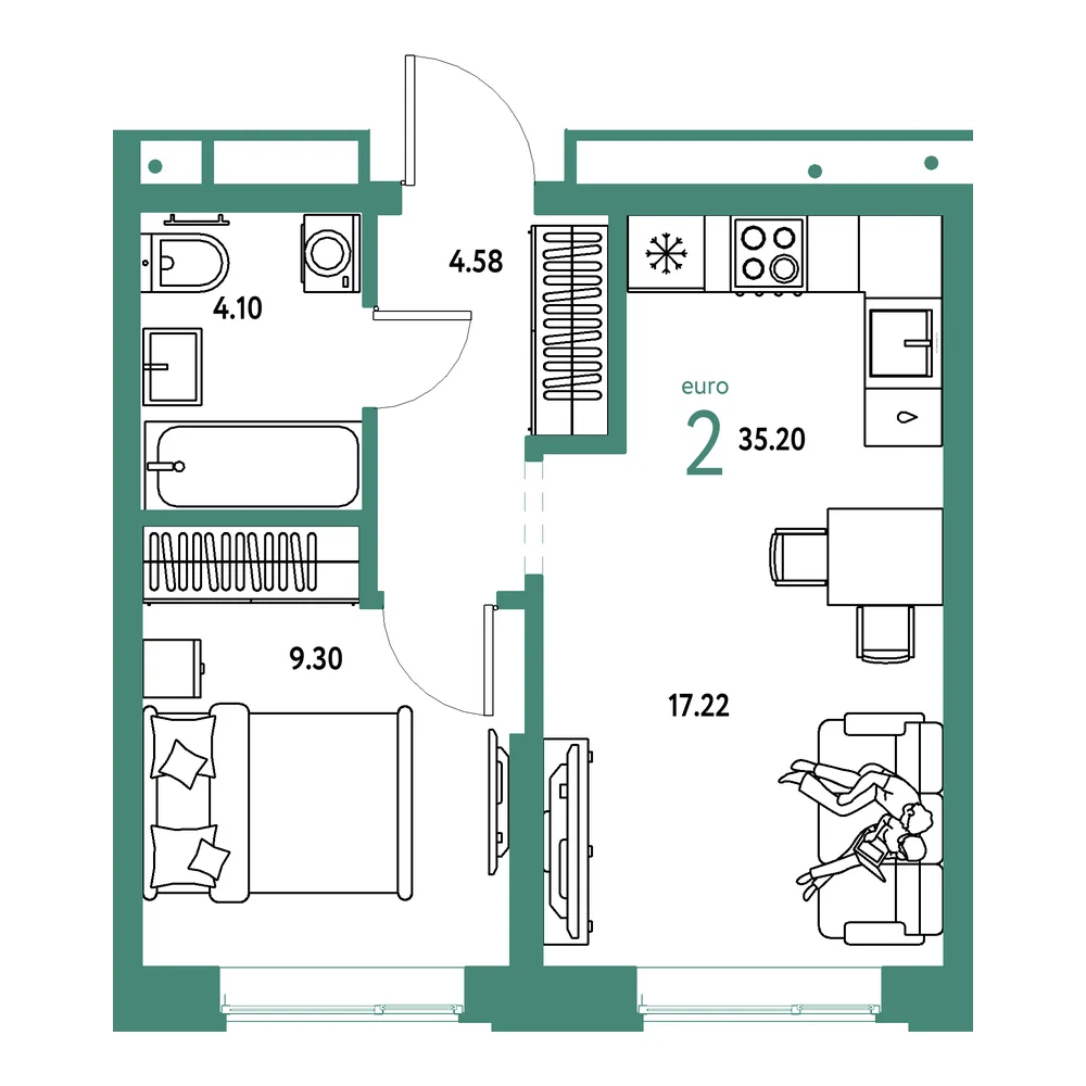 Планировка: Домашний 2-комнатная 35,20м²