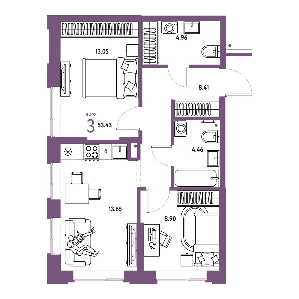 Планировка: Домашний 3-комнатная 53,43м²