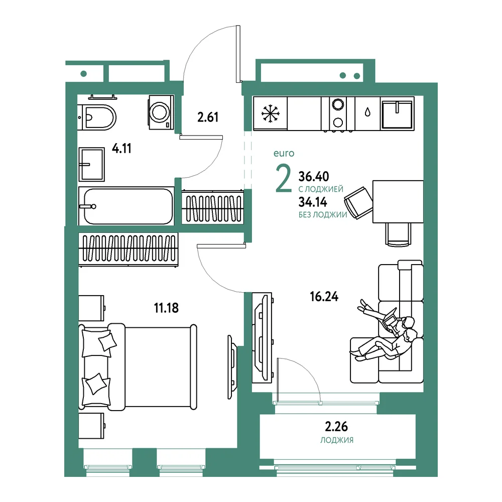 Планировка: Домашний 2-комнатная 36,40м²