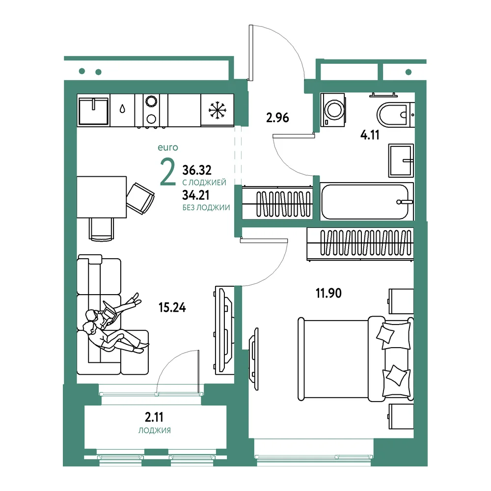 Планировка: Домашний 2-комнатная 36,32м²