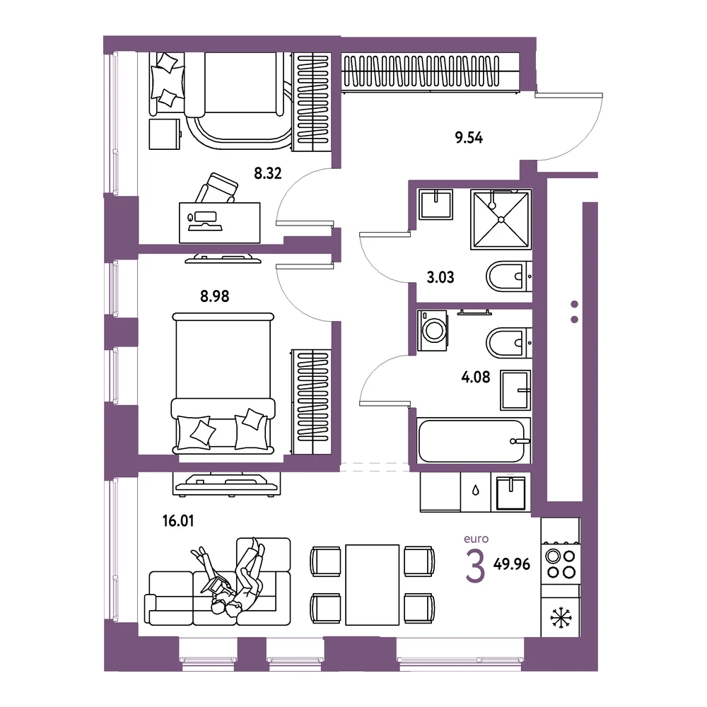 Планировка: Домашний 3-комнатная 49,96м²