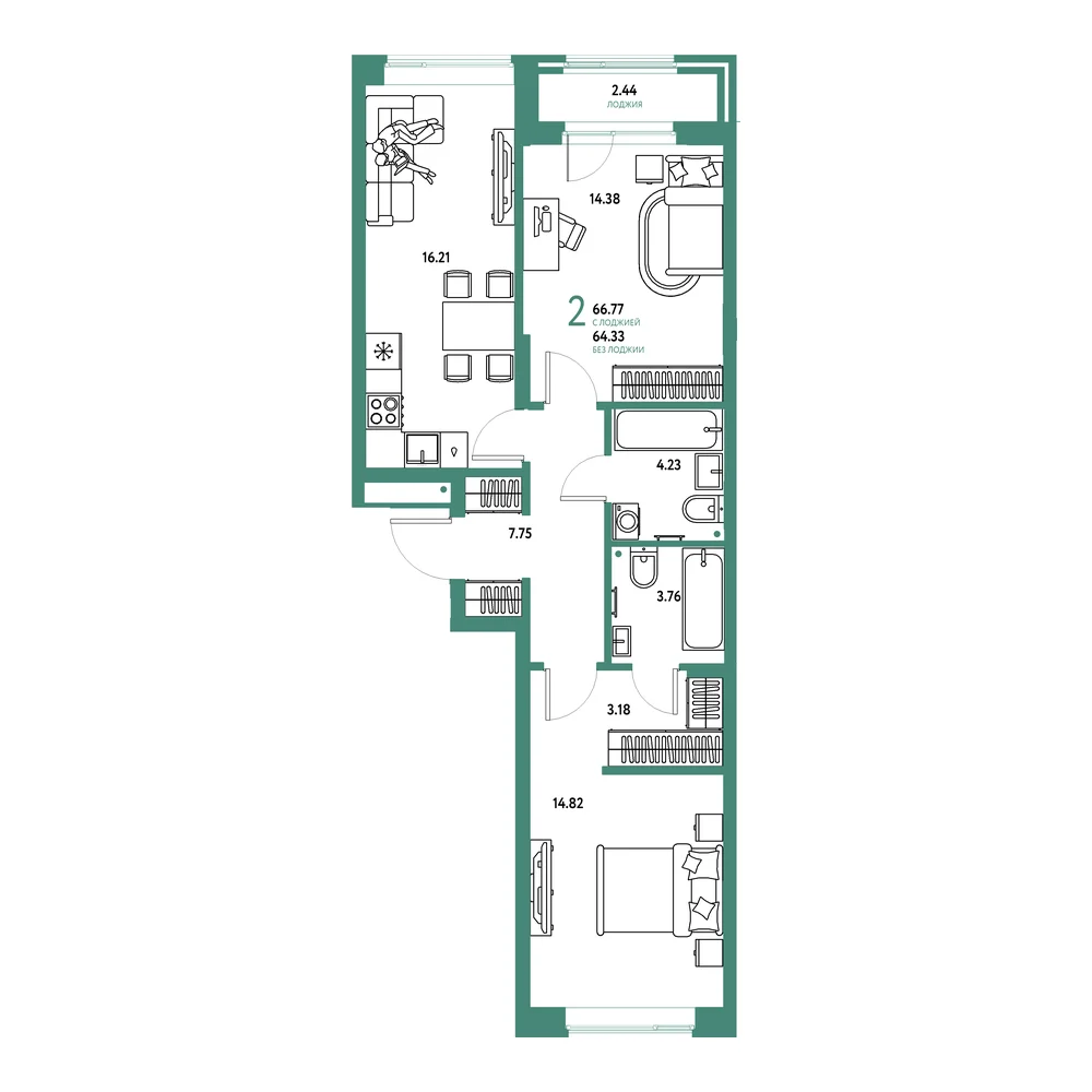 Планировка: Домашний 2-комнатная 66,77м²