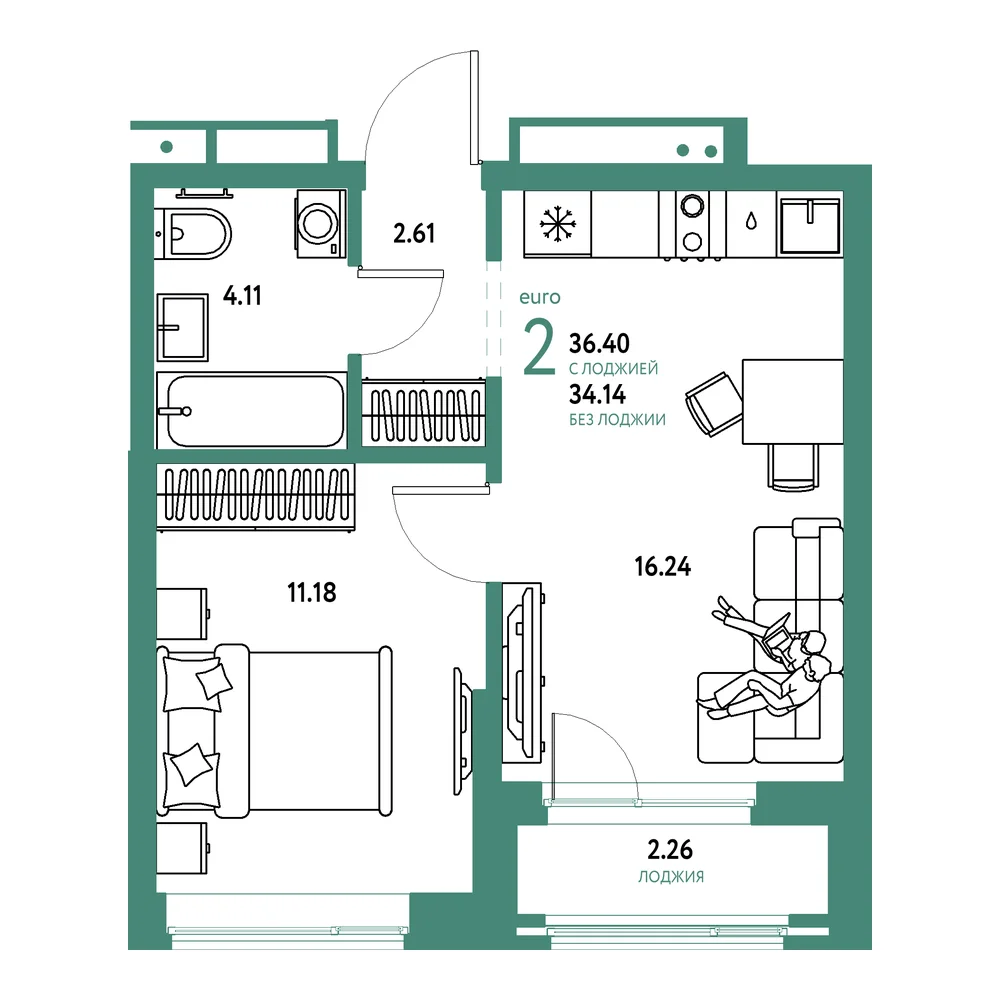 Планировка: Домашний 2-комнатная 36,40м²