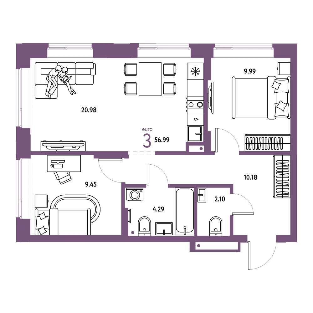 Планировка: Домашний 3-комнатная 56,99м²