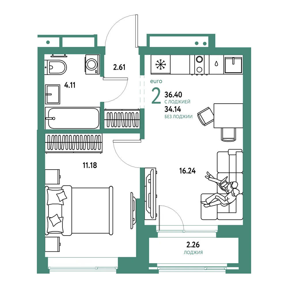 Планировка: Домашний 2-комнатная 36,40м²