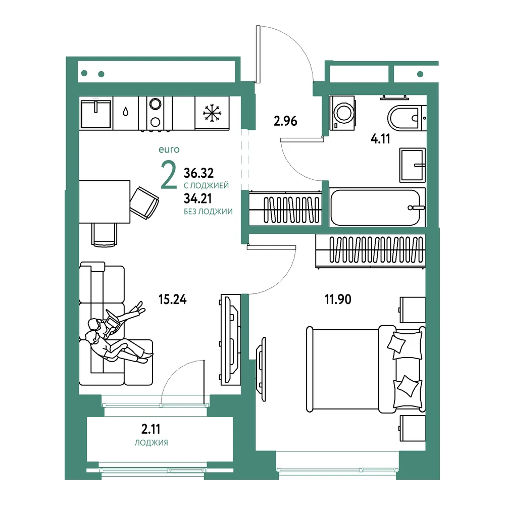 Планировка: Домашний 2-комнатная 36,32м²