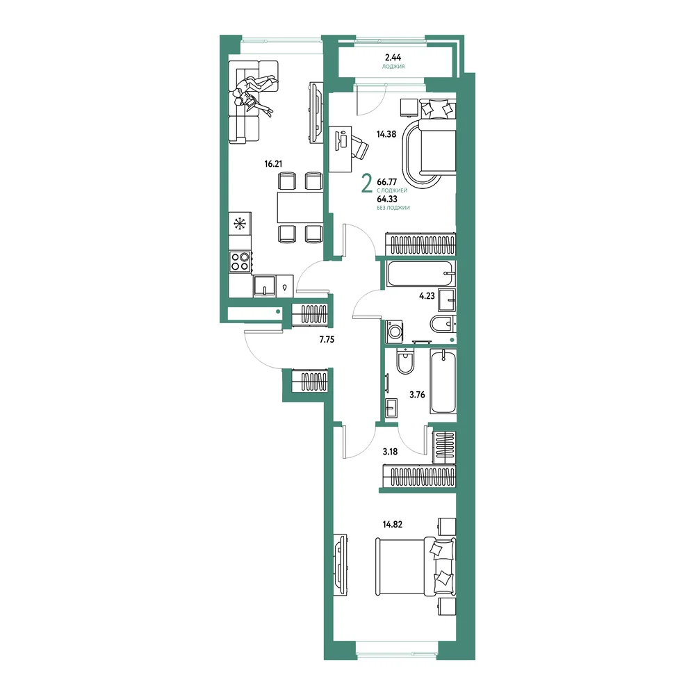 Планировка: Домашний 2-комнатная 66,77м²