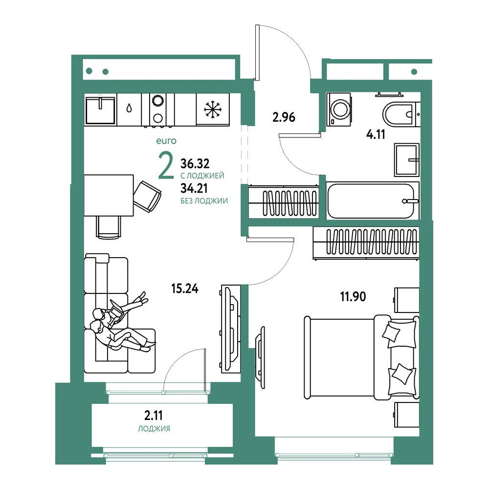 Планировка: Домашний 2-комнатная 36,32м²