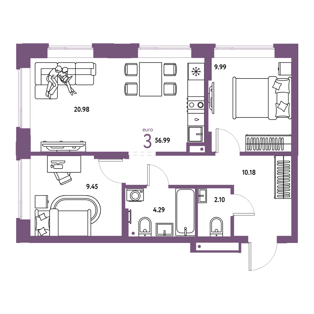 Планировка: Домашний 3-комнатная 56,99м²