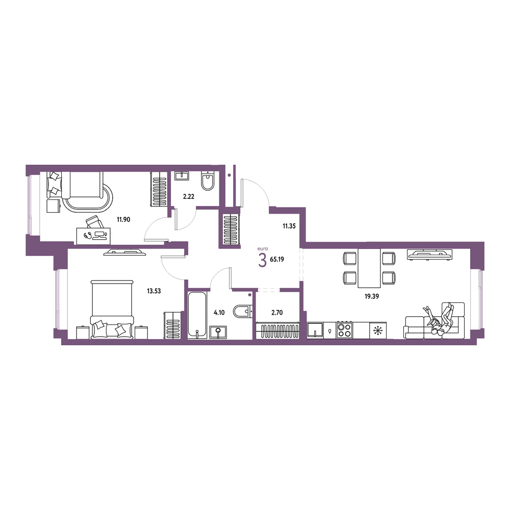 Планировка: Домашний 3-комнатная 65,19м²