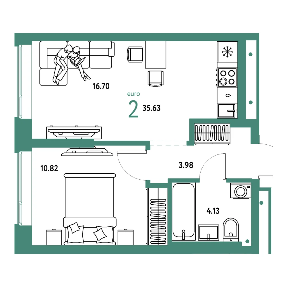 Планировка: Домашний 2-комнатная 35,63м²