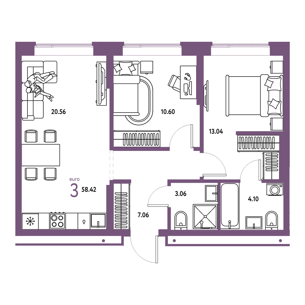 Планировка: Домашний 3-комнатная 58,42м²