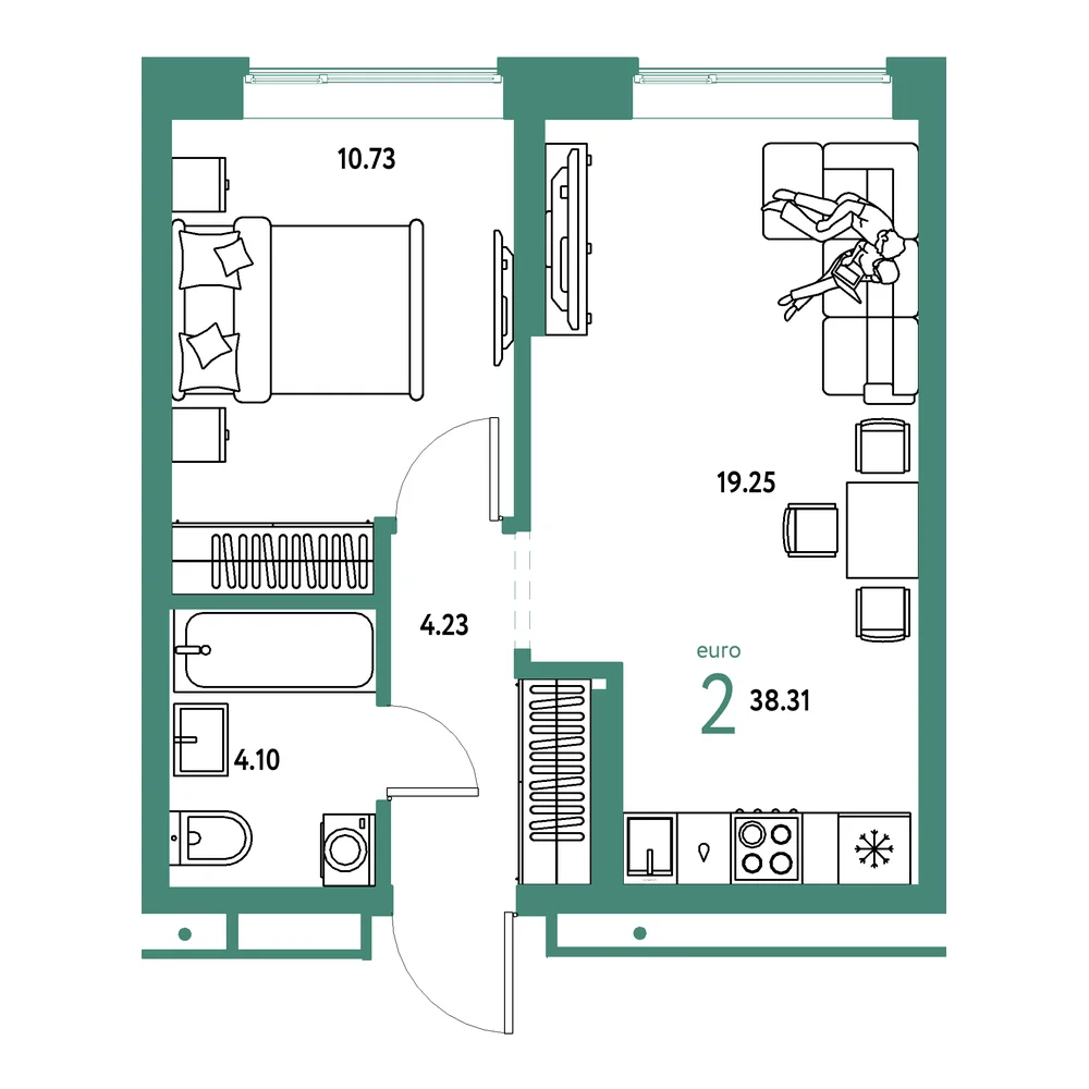 Планировка: Домашний 2-комнатная 38,31м²