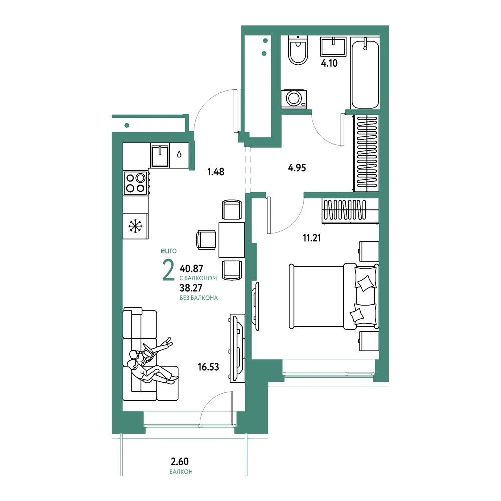 Планировка: Домашний 2-комнатная 40,87м²