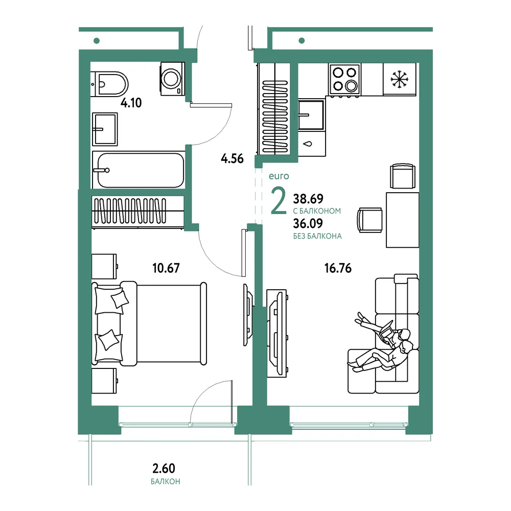 Планировка: Домашний 2-комнатная 38,69м²