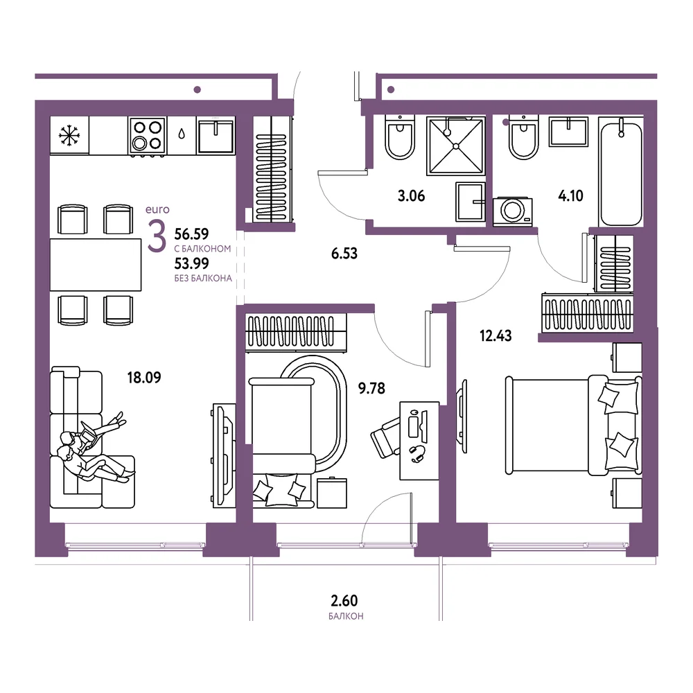 Планировка: Домашний 3-комнатная 56,59м²